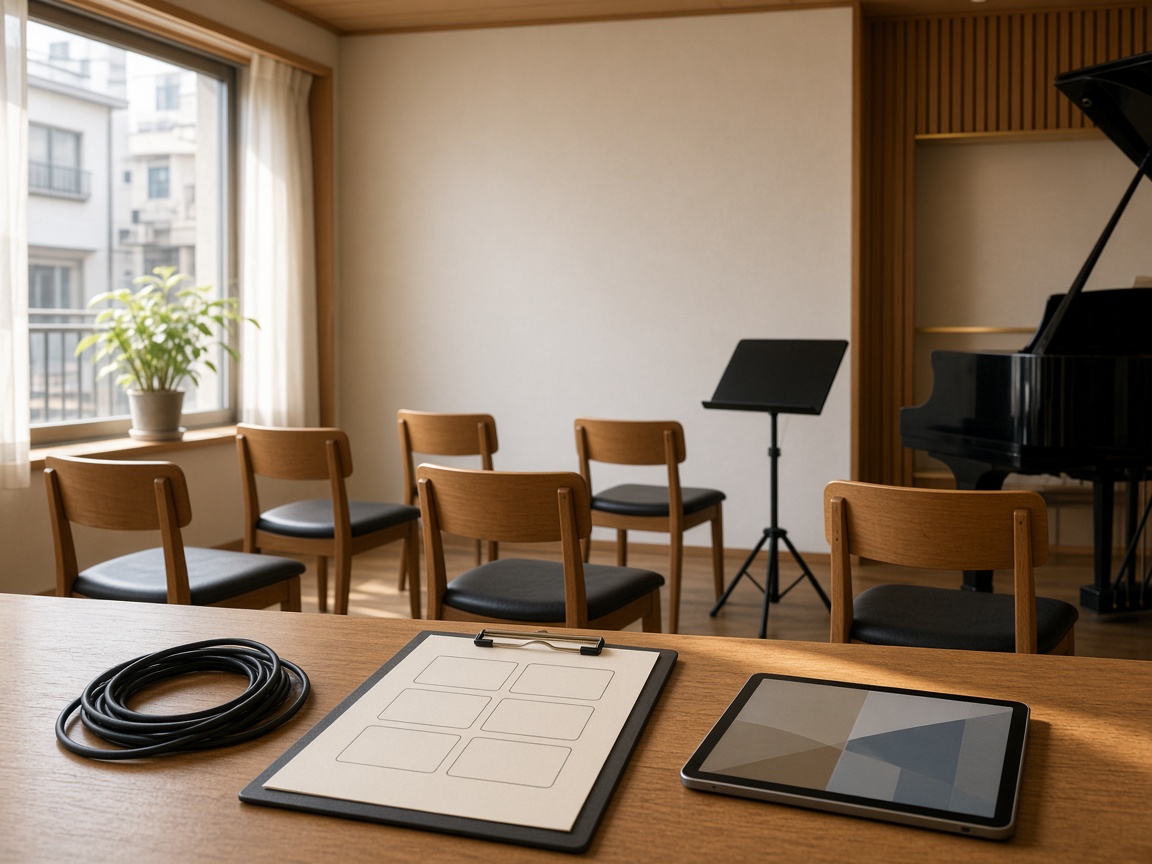 椅子とピアノを備えた、小さな音楽スペースの準備風景。